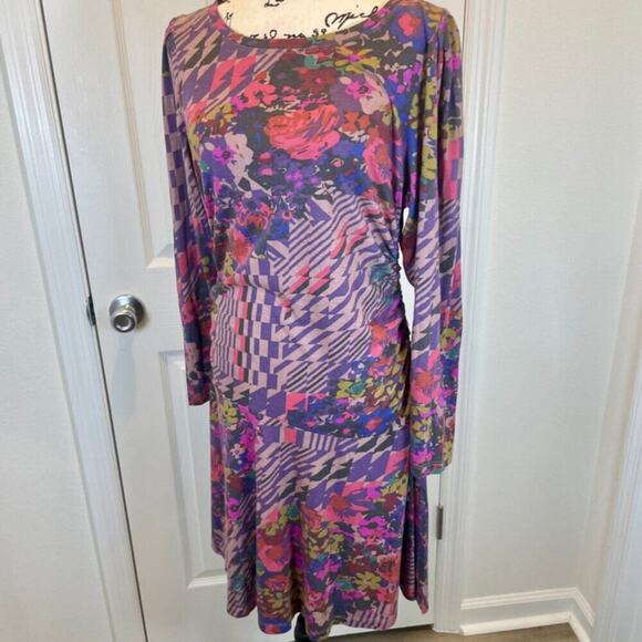 ANTHROPOLOGIE MINI DRESS RUCHED PURPLE /PINK SZ L ECLECTIC COTTAGECORE NEW - Picture 13 of 16